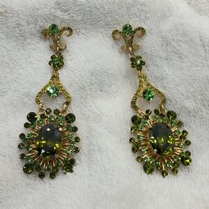 Brilliant Hue of Green Gold Tone Chandelier Earrings - GORGEOUS!!